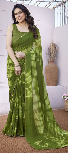 Green color Saree in Georgette fabric with Printed, Tye n Dye work