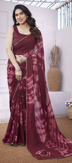 Red and Maroon color Saree in Georgette fabric with Lace, Printed, Tye n Dye work