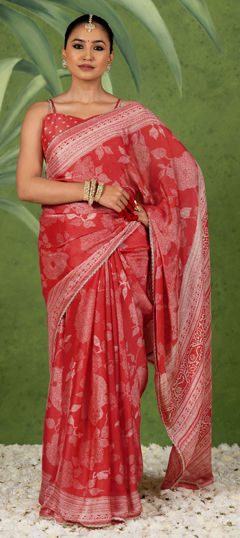 Red and Maroon color Saree in Chiffon fabric with Floral, Printed work