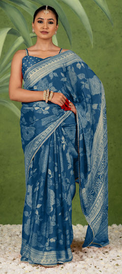 Blue color Saree in Chiffon fabric with Floral, Printed work