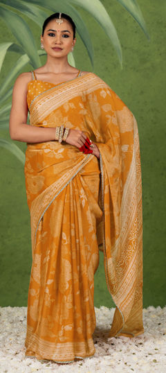 Yellow color Saree in Chiffon fabric with Floral, Printed work