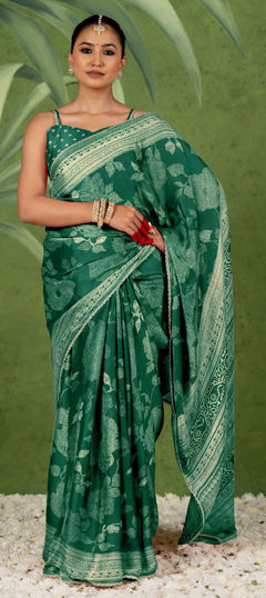 Green color Saree in Chiffon fabric with Floral, Printed work