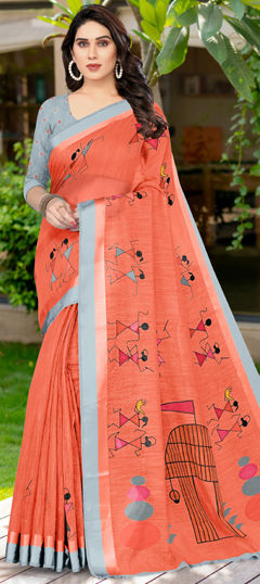 Orange color Saree in Blended Cotton fabric with Printed work