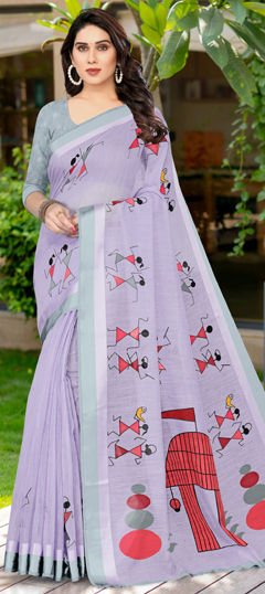 Blue color Saree in Blended Cotton fabric with Printed work