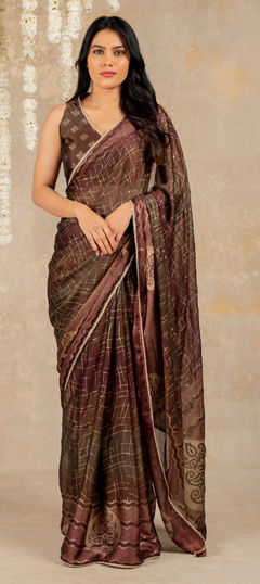 Beige and Brown color Saree in Chiffon fabric with Printed work