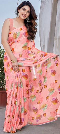 Pink and Majenta color Saree in Chiffon fabric with Floral, Printed work