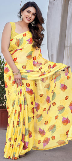 Yellow color Saree in Chiffon fabric with Floral, Printed work