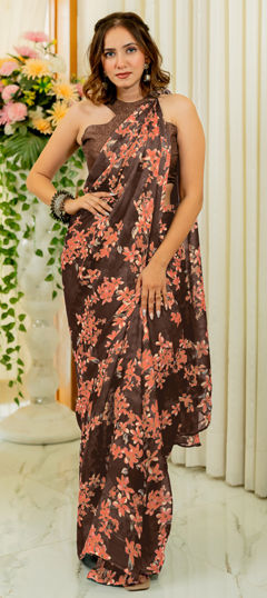 Beige and Brown color Saree in Chiffon fabric with Floral, Printed work