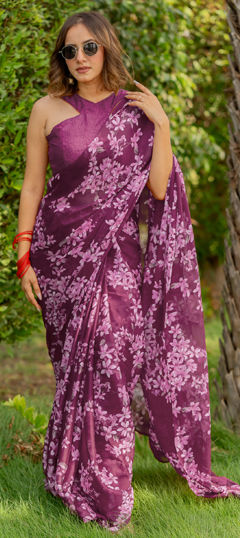 Pink and Majenta color Saree in Chiffon fabric with Floral, Printed work