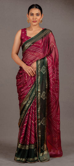 Pink and Majenta color Saree in Chiffon fabric with Bandhej, Printed work