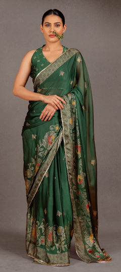 Green color Saree in Chiffon fabric with Bandhej, Printed work