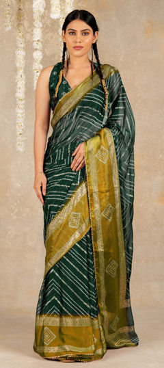 Green color Saree in Chiffon fabric with Bandhej, Printed work