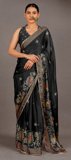 Black and Grey color Saree in Chiffon fabric with Bandhej, Printed work