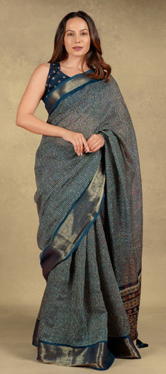 Blue color Saree in Blended Cotton fabric with Printed work