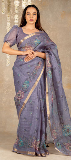 Purple and Violet color Saree in Kota Doria Silk fabric with Floral, Printed work