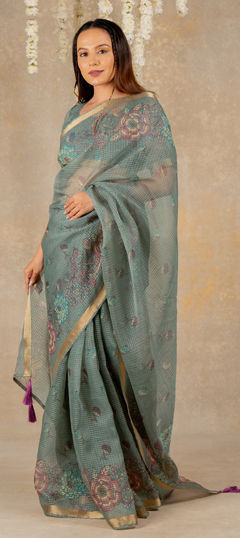 Green color Saree in Kota Doria Silk fabric with Floral, Printed work