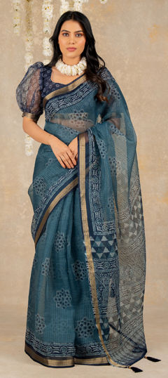 Blue color Saree in Kota Doria Silk fabric with Block Print work