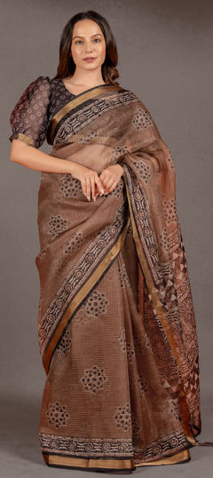 Beige and Brown color Saree in Kota Doria Silk fabric with Block Print work