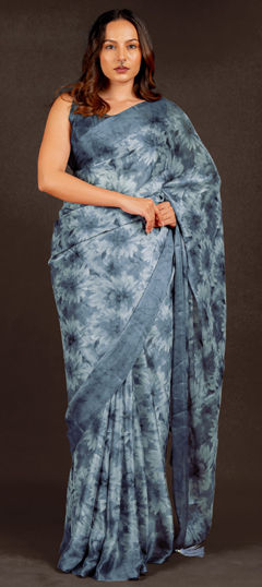 Blue color Saree in Chiffon fabric with Floral, Printed work