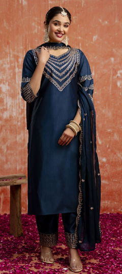 Blue color Salwar Kameez in Rayon fabric with Embroidered, Thread work