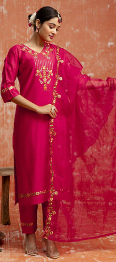 Pink and Majenta color Salwar Kameez in Rayon fabric with Embroidered, Thread work