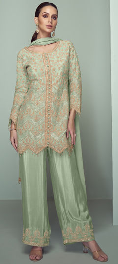 Green color Salwar Kameez in Chinon Silk fabric with Embroidered, Thread, Zari work