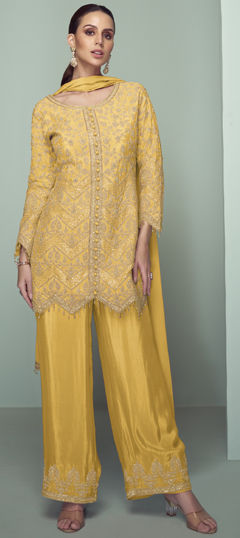 Yellow color Salwar Kameez in Chinon Silk fabric with Embroidered, Thread, Zari work