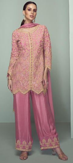 Pink and Majenta color Salwar Kameez in Chinon Silk fabric with Embroidered, Thread, Zari work