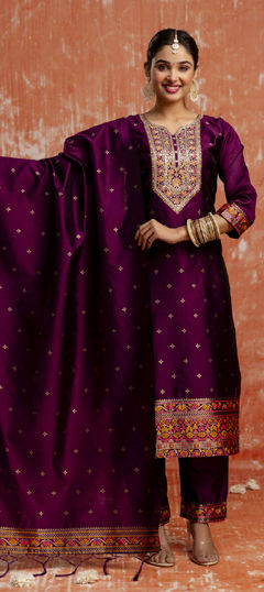 Purple and Violet color Salwar Kameez in Silk cotton fabric with Embroidered, Thread work