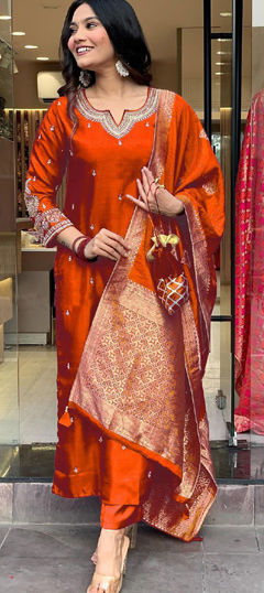 Orange color Salwar Kameez in Silk fabric with Embroidered work