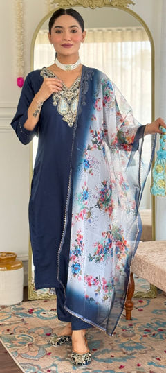 Blue color Salwar Kameez in Rayon fabric with Embroidered, Printed work
