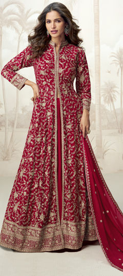 Red and Maroon color Long Lehenga Choli in Georgette fabric with Embroidered, Sequence, Thread, Zari work