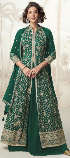 Green color Long Lehenga Choli in Georgette fabric with Embroidered, Sequence, Thread, Zari work