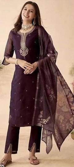 Purple and Violet color Salwar Kameez in Chanderi Silk fabric with Embroidered, Printed work