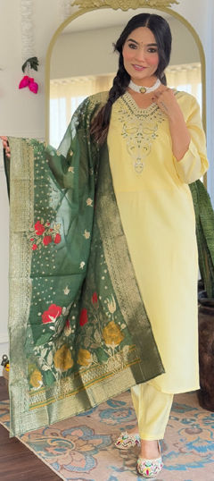 Yellow color Salwar Kameez in Viscose fabric with Embroidered, Printed work