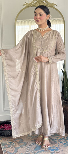 Beige and Brown color Salwar Kameez in Silk fabric with Embroidered, Thread work