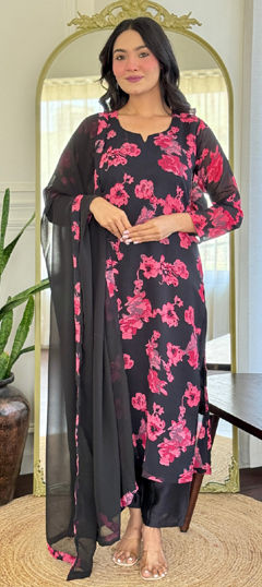Black and Grey color Salwar Kameez in Georgette fabric with Floral work