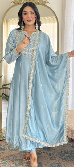 Blue color Salwar Kameez in Silk fabric with Embroidered, Thread work