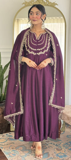Purple and Violet color Salwar Kameez in Silk fabric with Embroidered, Thread work