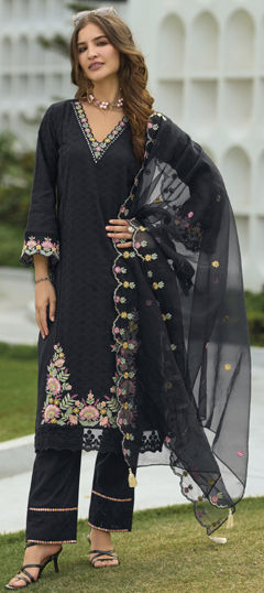 Black and Grey color Salwar Kameez in Cotton fabric with Embroidered, Resham, Thread work