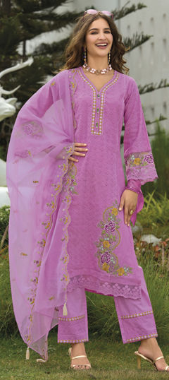 Pink and Majenta color Salwar Kameez in Cotton fabric with Embroidered, Resham, Thread work