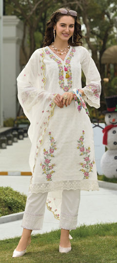 White and Off White color Salwar Kameez in Cotton fabric with Embroidered, Resham, Thread work