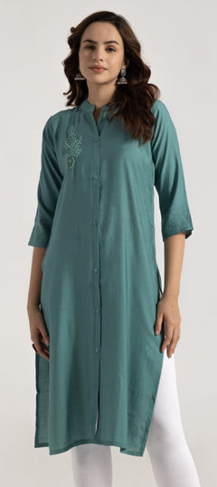 Green color Kurti in Rayon fabric with Embroidered, Thread work