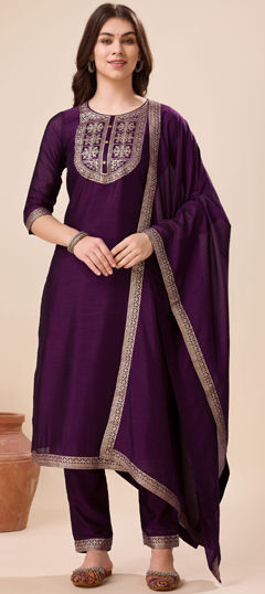Purple and Violet color Salwar Kameez in Art Silk fabric with Weaving work