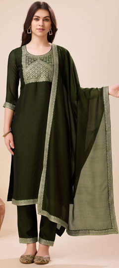 Green color Salwar Kameez in Art Silk fabric with Weaving work