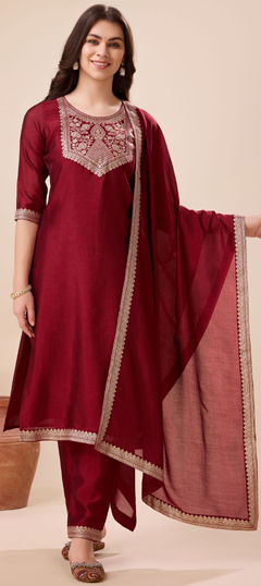 Red and Maroon color Salwar Kameez in Art Silk fabric with Weaving work