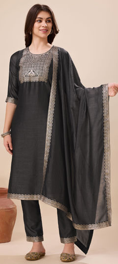 Black and Grey color Salwar Kameez in Art Silk fabric with Weaving work