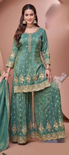 Green color Salwar Kameez in Chinon Silk fabric with Embroidered, Sequence, Thread, Zari work