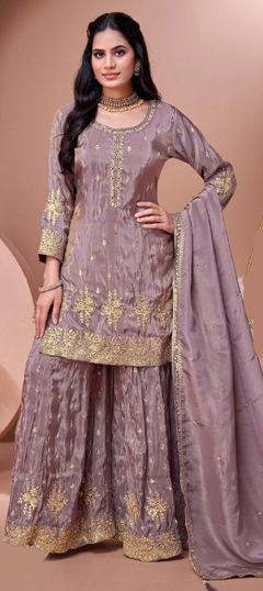 Purple and Violet color Salwar Kameez in Chinon Silk fabric with Embroidered, Sequence, Thread, Zari work