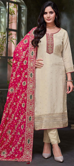 Beige and Brown color Salwar Kameez in Silk fabric with Embroidered, Sequence, Thread, Zari work
